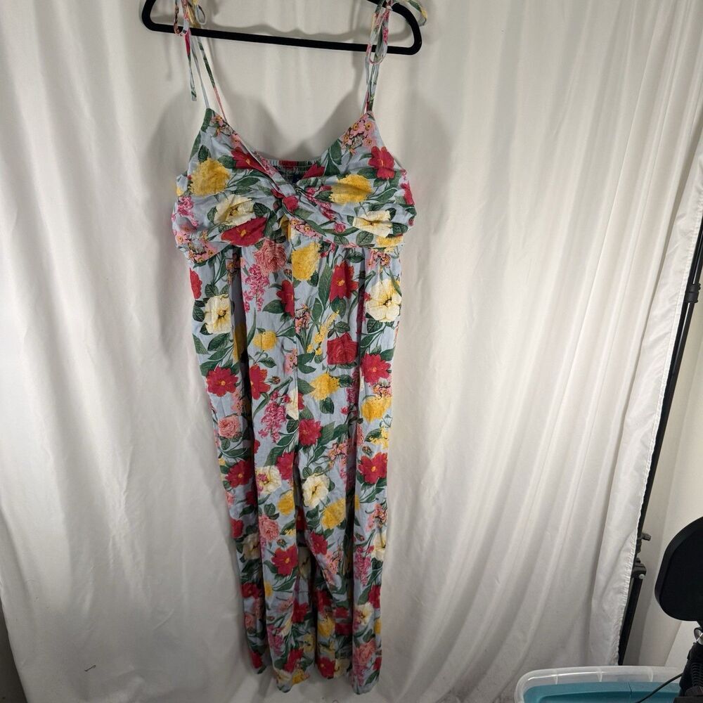 Old Navy Linen Blend Jumpsuit Women's XL Blue Pink Floral Smocked Strappy